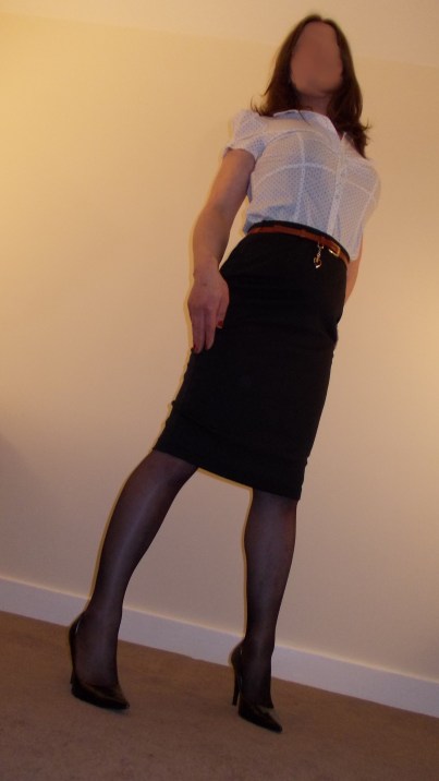 Tranny Office Girl, Stockings High Heels, Pencil Skirt & Blouse